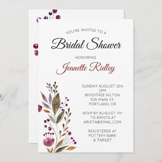 バーグニエレガントディフローラ水彩ブライダルシャワー 招待状 (正面/裏面)