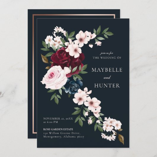 バーグニエレガントー海軍の水色フローラ滝 招待状 (正面/裏面)