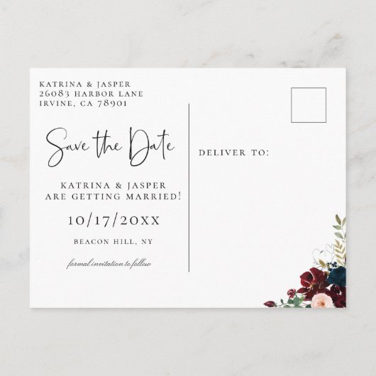 バーグニエレガントー赤面ネイビーフローラ保存日 案内ポストカード (裏面)