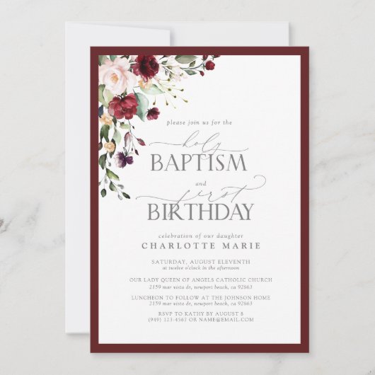 バーグニエレガントー赤面フローラバプテスマ1歳の誕生日 招待状 (正面)