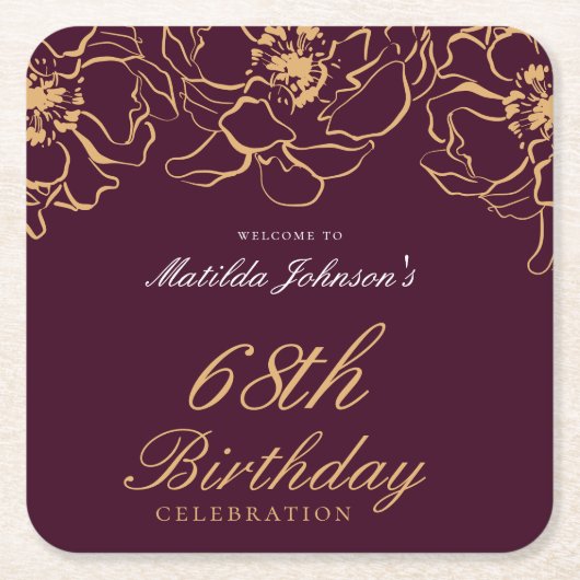 バーグニエレガントー金ゴールドフローラ誕生会 スクエアペーパーコースター (正面)