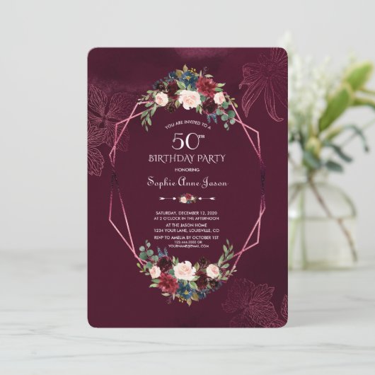 バーグニ王室のーフローラ幾何学模様50誕生日 招待状 (スタンド正面)