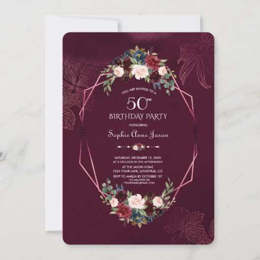 バーグニ王室のーフローラ幾何学模様50誕生日 招待状 (正面)