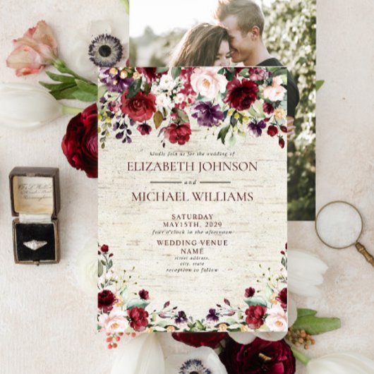 バーグニ素朴ー水彩フローラ樺の木写真 招待状