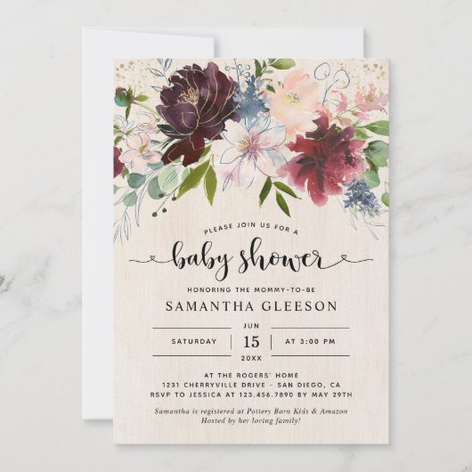 バーグニ素朴ー海軍フローラ赤ちゃんシャワー 招待状 (正面)