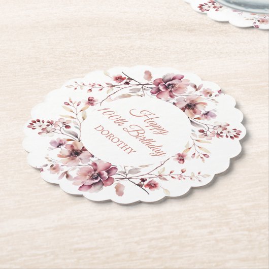バーグパーソナライズされたンディピンクフローラ100誕生日 ペーパーコースター (アングル)