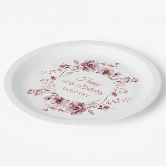 バーグパーソナライズされたンディーピンクフローラ50誕生日 ペーパープレート (アングル)