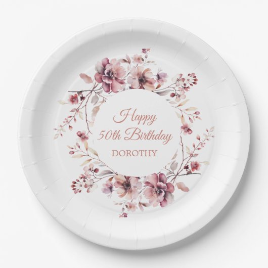バーグパーソナライズされたンディーピンクフローラ50誕生日 ペーパープレート (正面)