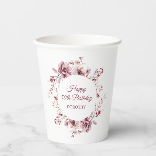 バーグパーソナライズされたンディーピンクフローラ50誕生日 紙コップ (正面)