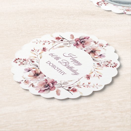 バーグパーソナライズされたンディーピンクフローラ60誕生日 ペーパーコースター (アングル)