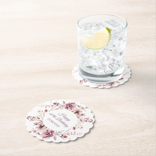 バーグパーソナライズされたンディーピンクフローラ60誕生日 ペーパーコースター (インサイチュ)