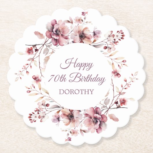 バーグパーソナライズされたンディーピンクフローラ70誕生日 ペーパーコースター (正面)