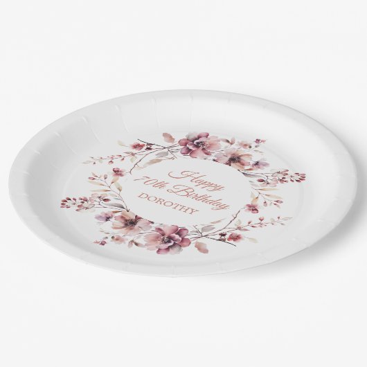 バーグパーソナライズされたンディーピンクフローラ70誕生日 ペーパープレート (アングル)
