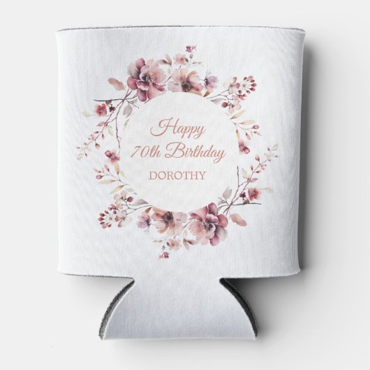 バーグパーソナライズされたンディーピンクフローラ70誕生日 缶クーラー (正面)