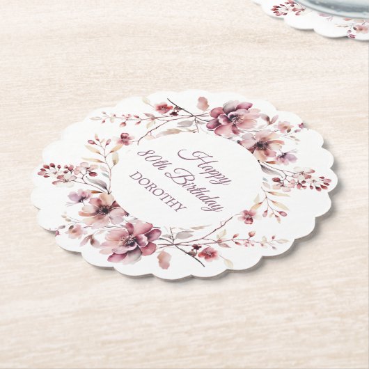 バーグパーソナライズされたンディーピンクフローラ80誕生日 ペーパーコースター (アングル)