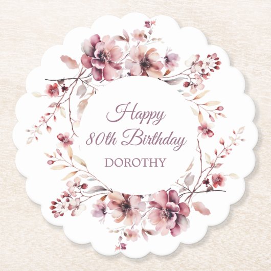 バーグパーソナライズされたンディーピンクフローラ80誕生日 ペーパーコースター (正面)