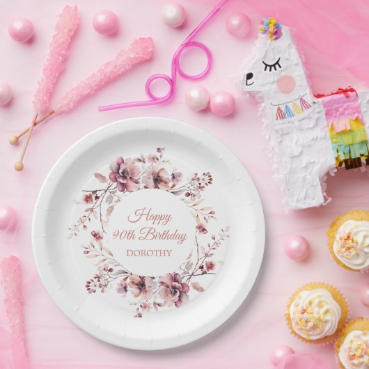バーグパーソナライズされたンディーピンクフローラ90誕生日 ペーパープレート (パーティー)
