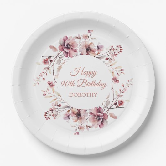 バーグパーソナライズされたンディーピンクフローラ90誕生日 ペーパープレート (正面)
