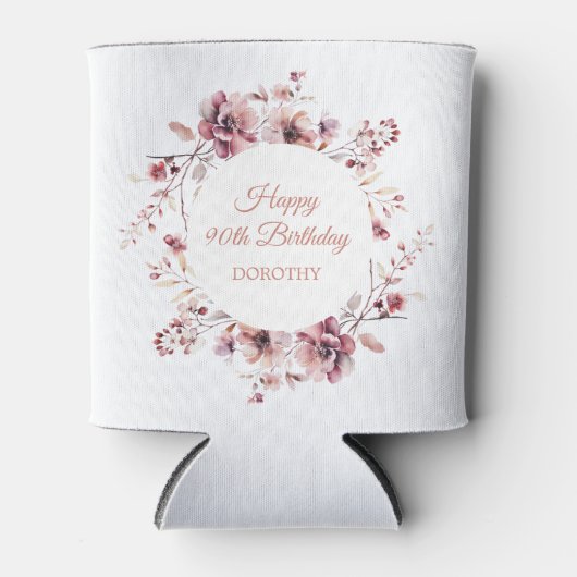 バーグパーソナライズされたンディーピンクフローラ90誕生日 缶クーラー (正面)