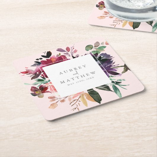 バーグモダンンディフローラ赤面ピンク結婚ズ スクエアペーパーコースター (アングル)