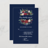 バーグンお洒落ディ赤面フラワーネイビーブルー結婚ズ 出欠カード (正面/裏面)