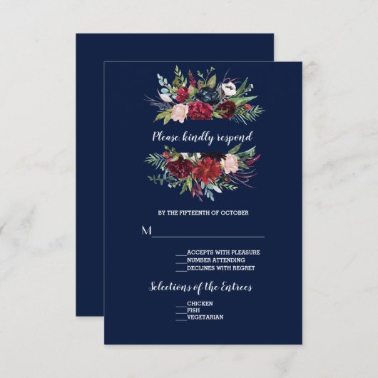 バーグンお洒落ディ赤面フラワーネイビーブルー結婚ズ 出欠カード (正面/裏面)