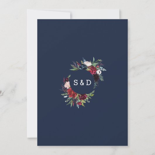 バーグンお洒落ディ赤面フラワーネイビーブルー結婚ズ 招待状 (裏面)