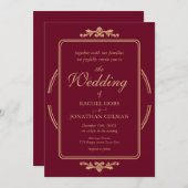 バーグンエレガントディと金ゴールド結婚式招待状 招待状 (正面/裏面)