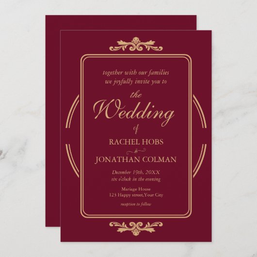 バーグンエレガントディと金ゴールド結婚式招待状 招待状 (正面/裏面)