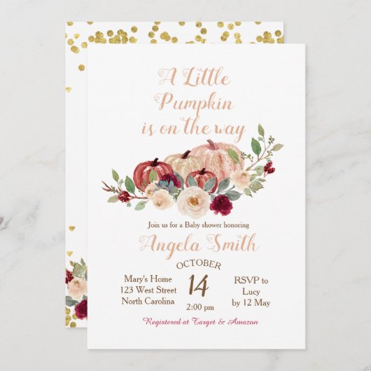 バーグンエレガントディパンプキンベビーシャワー招待状 招待状 (正面/裏面)