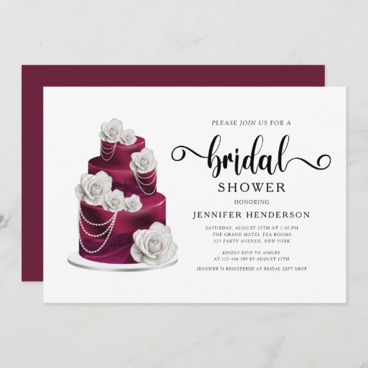 バーグンエレガントディ結婚のケーキブライダルシャワー 招待状 (正面/裏面)