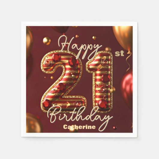 バーグンエレガントディ&金ゴールド21歳の誕生日お祝い スタンダードカクテルナプキン (正面)