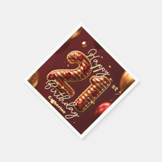 バーグンエレガントディ&金ゴールド21歳の誕生日お祝い スタンダードカクテルナプキン (角)