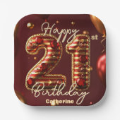 バーグンエレガントディ&金ゴールド21歳の誕生日お祝い ペーパープレート (正面)