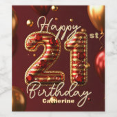 バーグンエレガントディ&金ゴールド21歳の誕生日お祝い ワインラベル (シングルラベル)