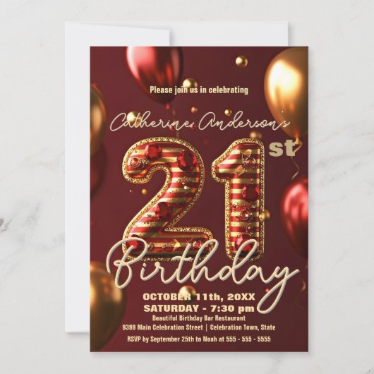 バーグンエレガントディ&金ゴールド21歳の誕生日お祝い 招待状 (正面)