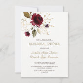 バーグンディお洒落金ゴールドフラワーリハーサルディナー 招待状 (正面)