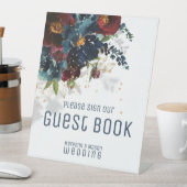 バーグンディきらめくネイビーゲストブック 台座サイン (インサイチュ)