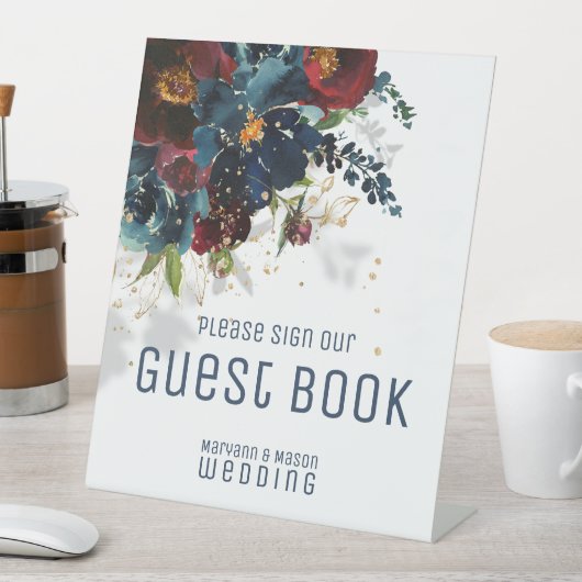 バーグンディきらめくネイビーゲストブック 台座サイン (インサイチュ)