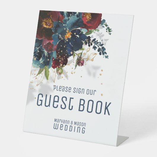 バーグンディきらめくネイビーゲストブック 台座サイン (正面)