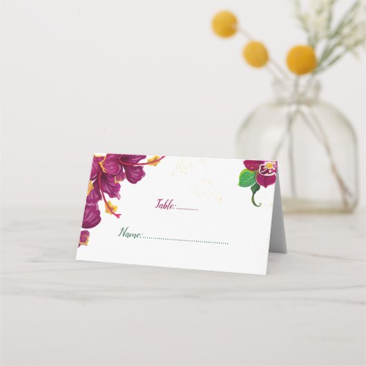 バーグンディのハイビスカスの花葉緑の座席表 プレイスカード (正面)