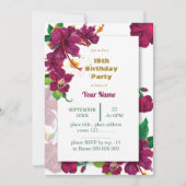 バーグンディのハイビスカス花バラ誕生日パーティー 招待状 (正面)