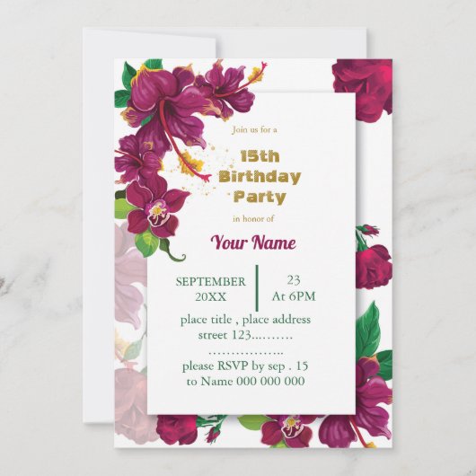 バーグンディのハイビスカス花バラ誕生日パーティー 招待状 (正面)