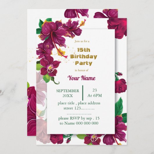 バーグンディのハイビスカス花バラ誕生日パーティー 招待状 (正面/裏面)