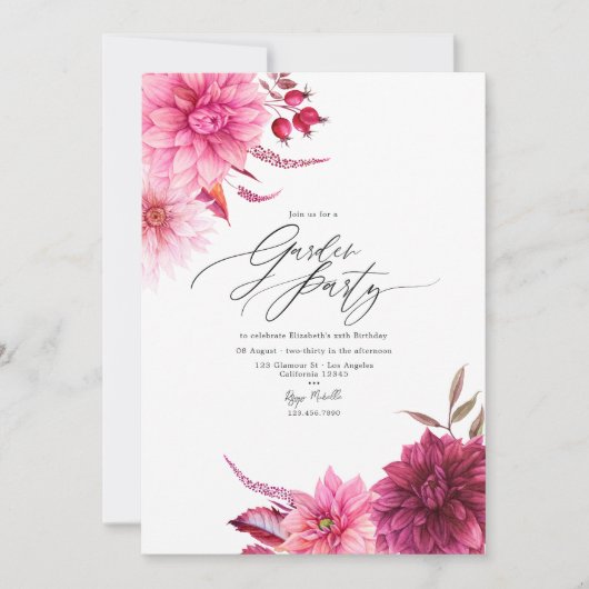 バーグンディエレガントとピンクダリアガーデンパーティー 招待状 (正面)