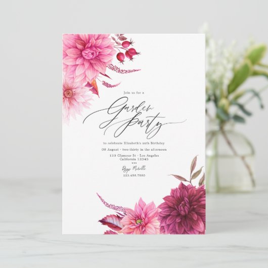 バーグンディエレガントとピンクダリアガーデンパーティー 招待状 (スタンド正面)