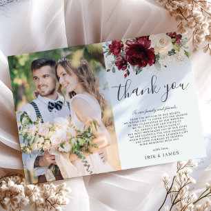 バーグンディエレガントアイボリーホワイトフローラ結婚の写真 サンキューカード