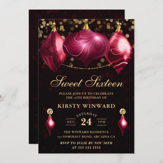 バーグンディエレガントアゲートウィンターボードスウィート16 招待状 (正面/裏面)