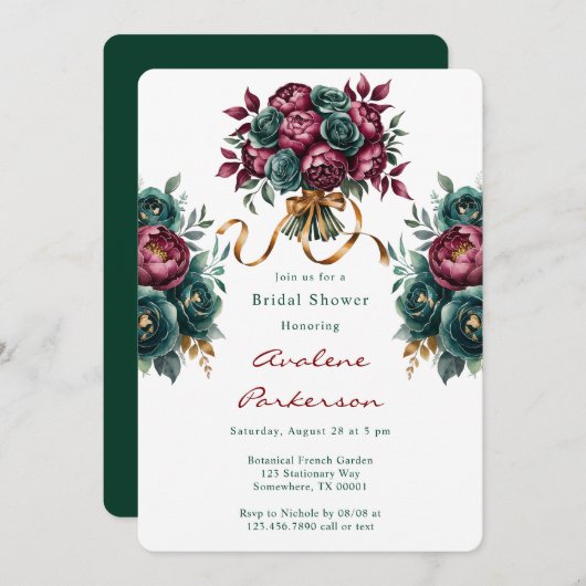 バーグンディエレガントエメラルド牡丹ブライダルシャワー 招待状 (正面/裏面)