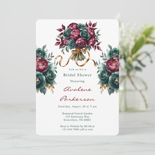 バーグンディエレガントエメラルド牡丹ブライダルシャワー 招待状 (スタンド正面)
